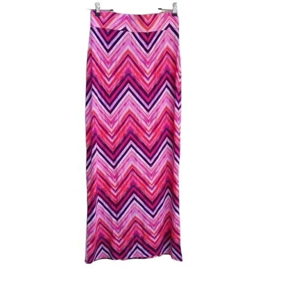 Retro 70's Anna Skirt Maxi Long Double Slitted Pink‎ Geometric Zig Zag  Sz XS